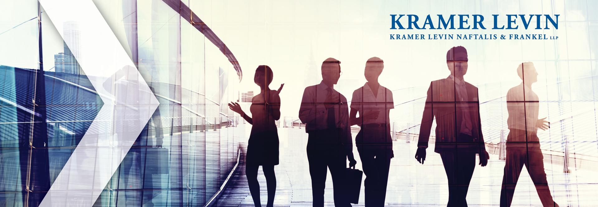 kramer levin logo with people walking near a building